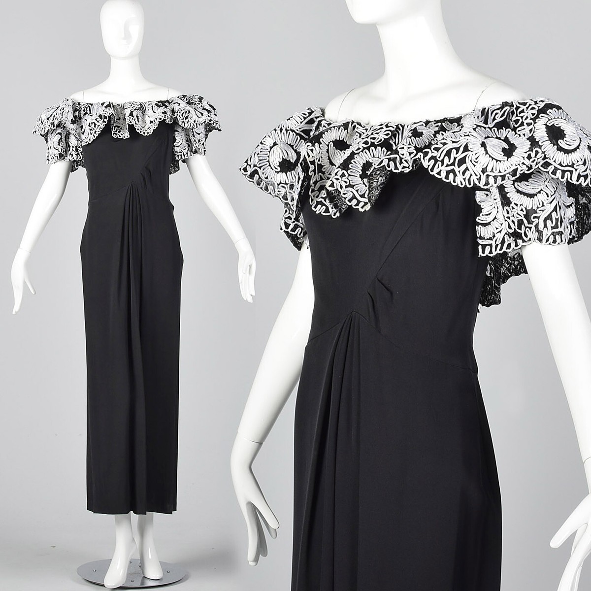 Bob Mackie Off Shoulder Long Pencil Evening Dress Black Formal Gown VTG  1980s