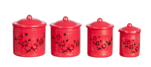 Dolls House Canisters and Lids x 4 Red Kitchen Accessory Miniature 1:12th Scale