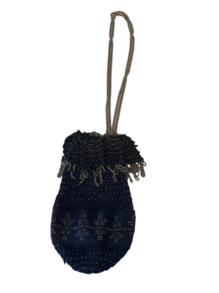 Cartera vintage Art Deco con borla de micro cuentas de metal de ganchillo negro Foto 4 de 4