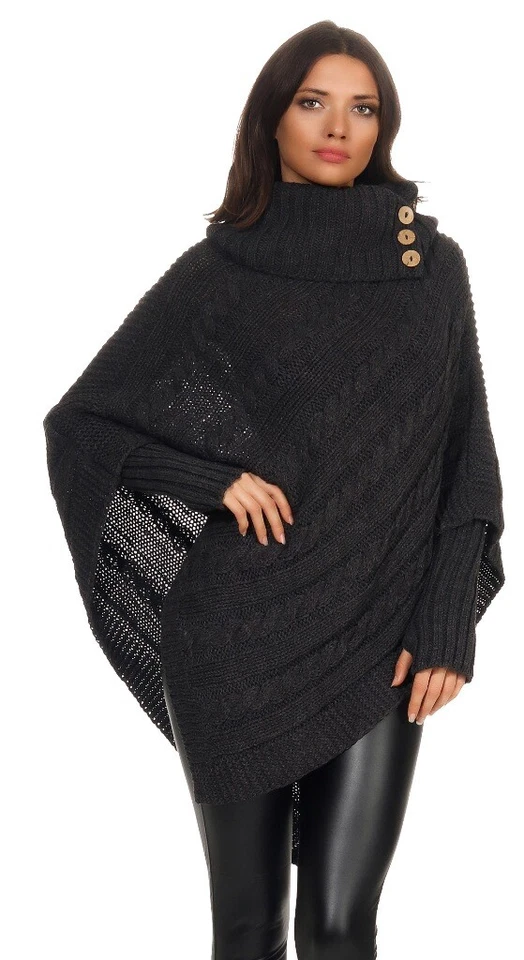 Mississhop Poncho Cape Strick Pullover Umhang Überwurf mit Stulpen 36 38 40 42 - Bild 3 von 4