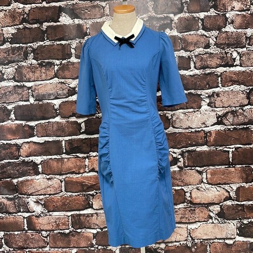 Emmy Sheath Dress Women's 10 Blue White NWT Short Sleeve Collar Bow Ruched Midi - 第 5/16 張圖片