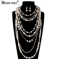 Pearl Chain Long Necklace - Multi Layer Simulated Pearls Choker Necklace Jewelry