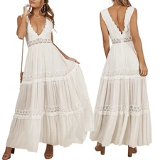 Showpo Thrills and Spills Maxi Dress Size 6 Boho Lace V Neck Gauze Cream Casual