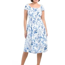 NWT Avec Les Filles Blue Floral Cotton Flare Midi Dress Size 6