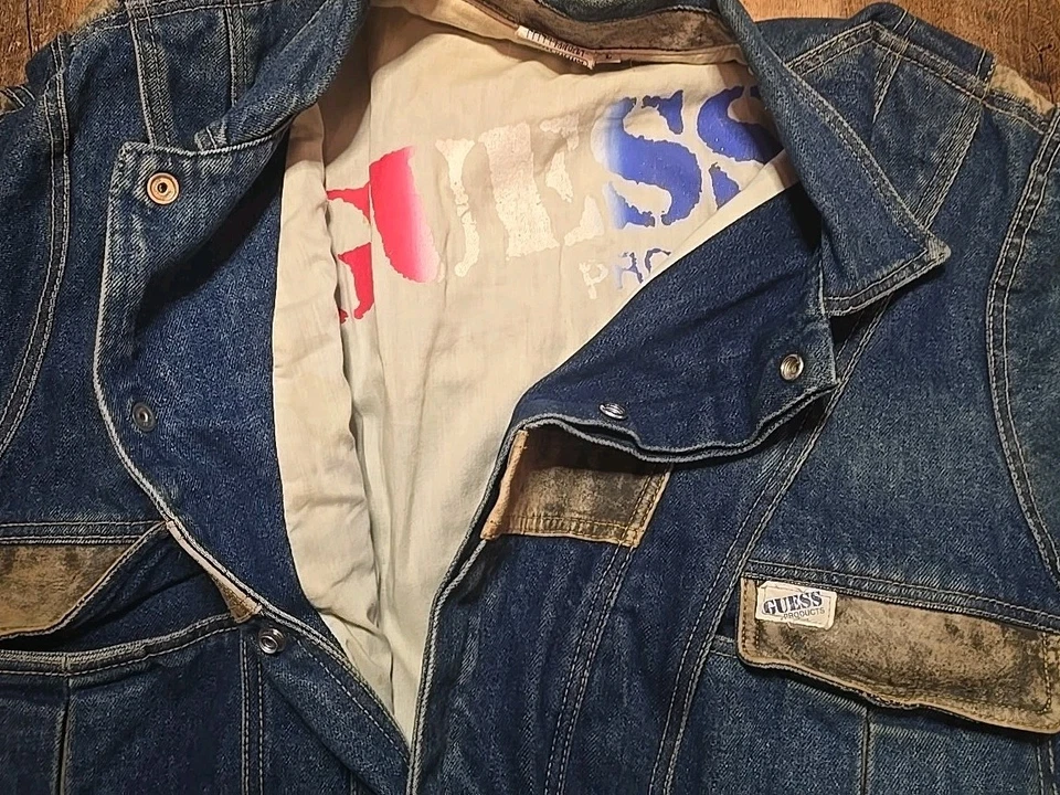 Vintage Guess 1980s Marty Mcfly 2 Tone Leather Denim Jacket Trucker Mens Large L - Image 2 of 3