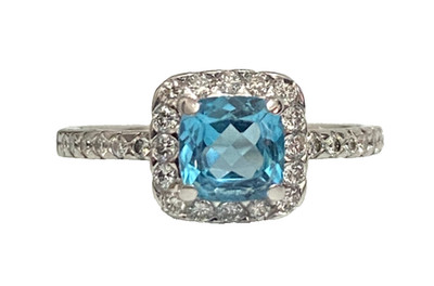 9K White Gold Cushion Cut Topaz & Diamond Halo Engagement Ring Size L 1/2 (US 6)