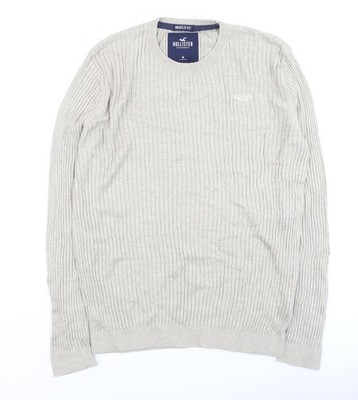 Hollister Herren Pullover Beige Muscle Fit Rippstrick Baumwolle Größe M