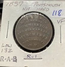 1837 Hard Times Token HTT HT-195 Low-132, Portsmouth NH, EF Sise & Co R1 VF