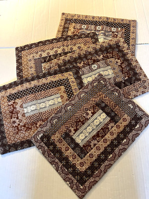 5 Handmade Patchwork Placemats Brown Vtg. Fabric Lace  10'' x 14'' Machine Pieced