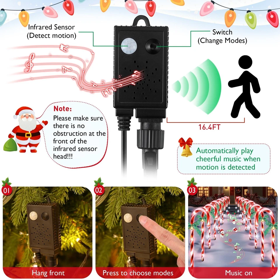 Hiboom 12 Pcs Christmas Candy Cane Light with 4 Christmas Theme Music, 20'' P... - Image 3 of 4