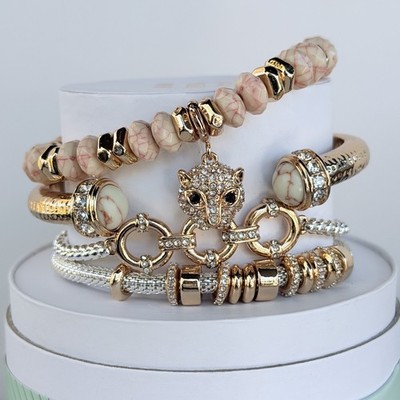Bomb Party Spring Stacks ''Fierce And Fearless'' Bracelet Leopard Jag Jaguar Gold