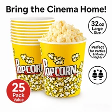 25 Pack Popcorn Buckets 32oz Paper Containers Disposable for Party Movie Night