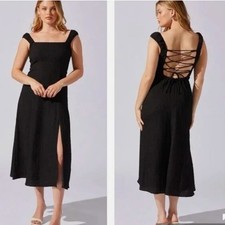 ASTR The Label Size M Medium Black Crinkle Lace Up Back Midi Dress NEW $95