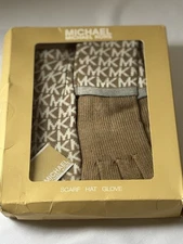 Michael Kors Logo Scarf Hat Gloves Set Camel/Cream, Gold Brand New Gift Set