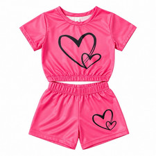Girls Pink 2-Piece Heart Print Knit Tee Shorts Set, Short Sleeve 3-4Y