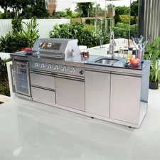 Outdoor Kitchen Island  with Refrigerator and Sink Stainless Steel Barbecue Bar