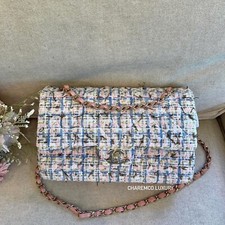 1000 AUTH RARE   CHANEL Medium Classic Double Flap   Pink Blue Gold Tweed Bag