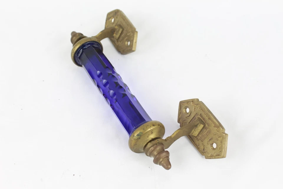 Antique Cobalt Blue Glass Door Handle Brass Fittings Victorian Era Decorative - Image 2 of 4