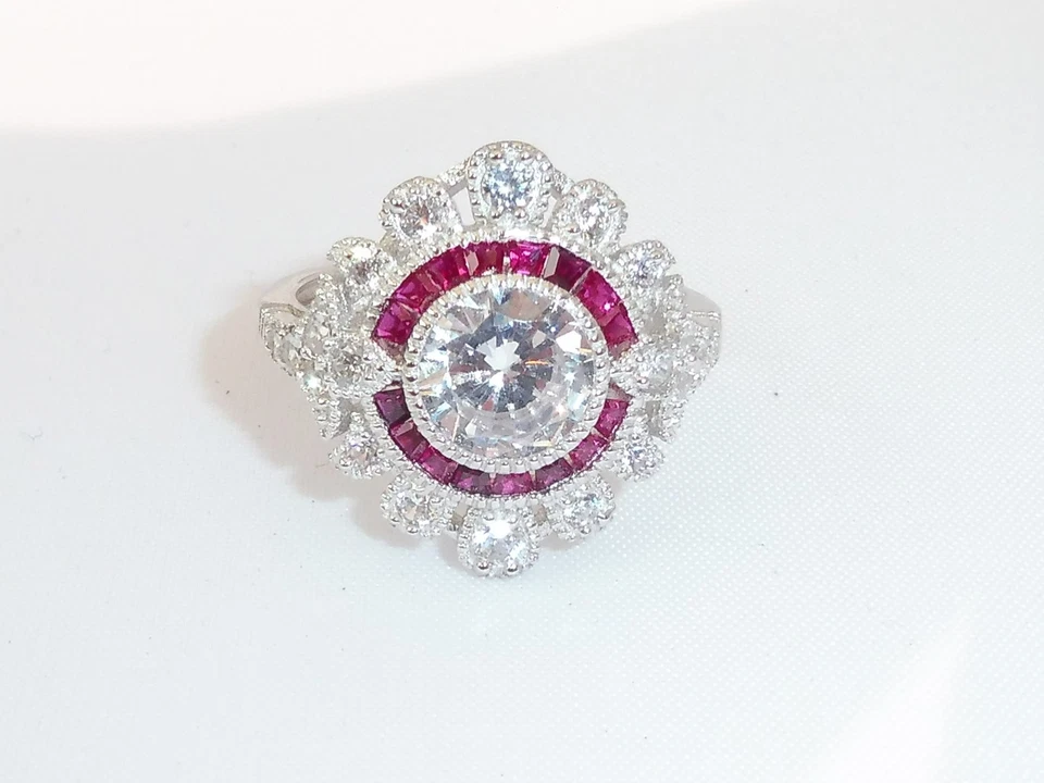 Anello da donna in argento sterling 925 con zaffiro bianco e rubino - Immagine 4 di 4