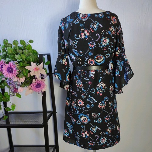 Table 8 Womens Size 8 Black Blue Floral Flared Cut Out Cold Shoulder Dress - Picture 3 of 9