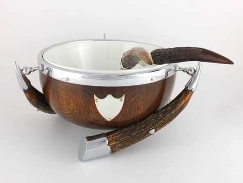 Antique English Oak, Deer Horn & Silver Plate Salad Trophy Bowl. Fruit Nut c1900 - Picture 4 of 14