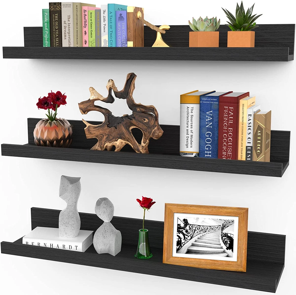 24 Inch Floating Shelves for Wall Set of 3 in Ebony Black Modern