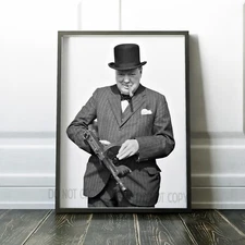 Winston Churchill with tommy machine gun Premium Art Print