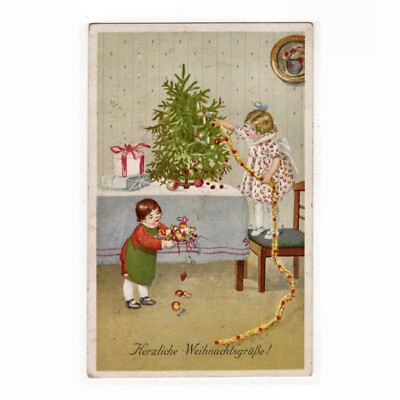 Artist postcard Christmas / children decorate a Christmas tree
