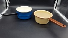 Set of 2 Vtg Enamelware Pots Saucepans Beige and Blue