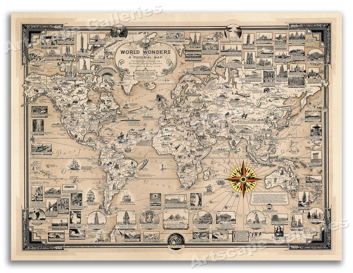 1939 World Wonders Map - Vintage Historical World Map Art