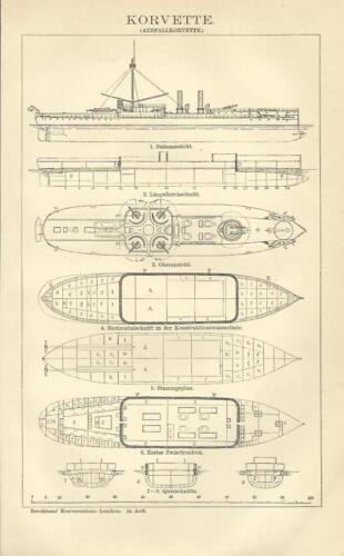 1894 KORVETTE Alter Druck Antique Print Lithographie Kriegsschiffe Schiffe - Bild 1 von 2