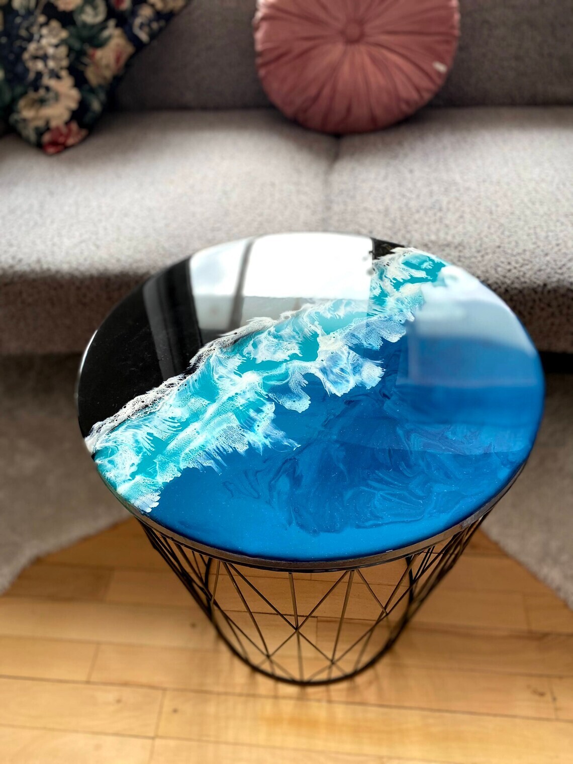 Ocean Wave Epoxy Resin Round Coffee Table with Side End Decor Top  -image