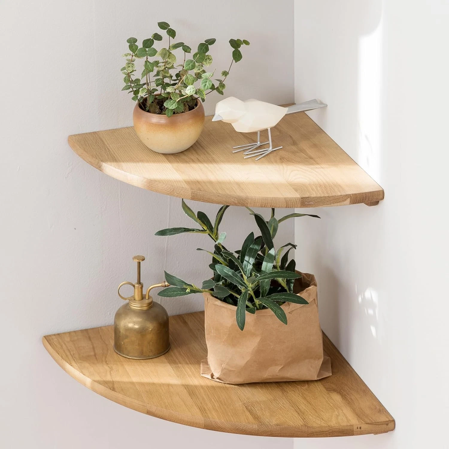 Set of 2 Floating Corner Shelves - 12" Solid Oak Wood Wall Display Shelves