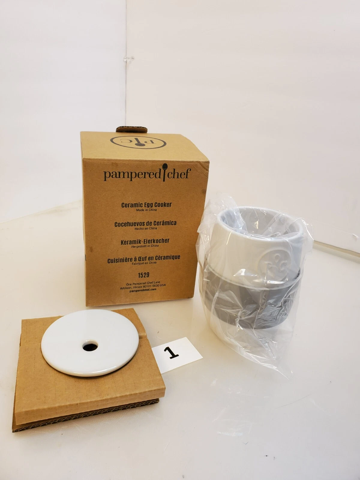 Pampered Chef Ceramic Egg Cooker Silicone Sleeve White Gray #1529 NEW in BOX