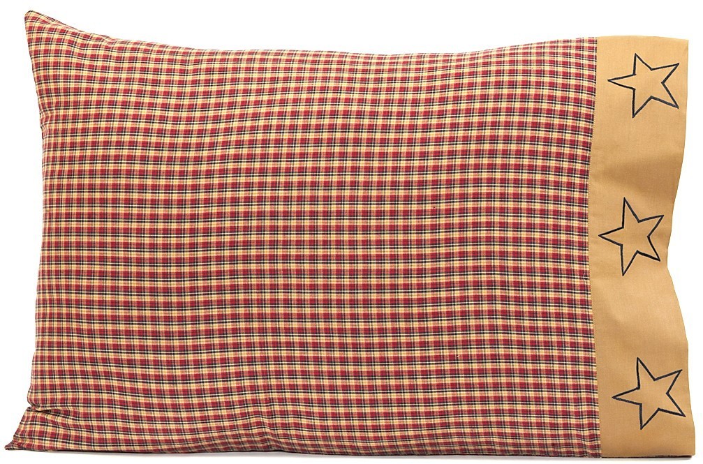 Rustic Country Red Plaid Pillowcase Set Khaki Border  Stars Patriotic Patch