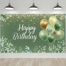 WovWeave Sage Green Happy Birthday Backdrop Banner 71 x 43 Inch Greenery Eucalyp