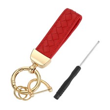 Leather Car Keychain, 5" Key Chain with D Ring and Gold Key Ring, Red