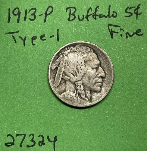 1913 P T1 Buffalo 🦬 Indian Head Nickel 5c Fine Type 1