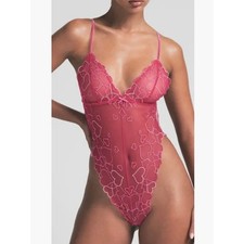 Skims Embroidered Tulle Teddy Pink Heart Mesh Bodysuit Medium NEW