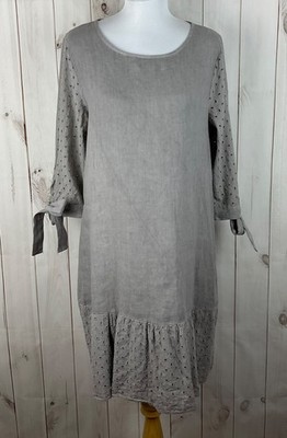 Francesca Bettini Women s Gray 100% Linen Eyelet Detail Shift Dress Size L