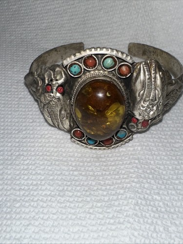 Vintage Silver colored Cuff Bracelet With Lucite Stone Turquoise and coral - Picture 2 of 5