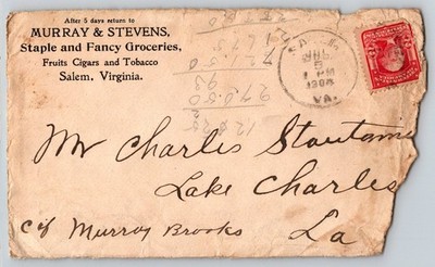 1908 Murray & Stevens Staple & Fancy Groceries Fruit Salem VA Postal Cover