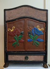 VTG Thai Style Painted Floral Wood Rattan Wicker Accent Cabinet 17"x13" Bohemian