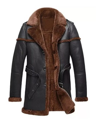 Mens Shearling Leather Shearling Coat: Retro 3/4 Length Faux Fur Lined