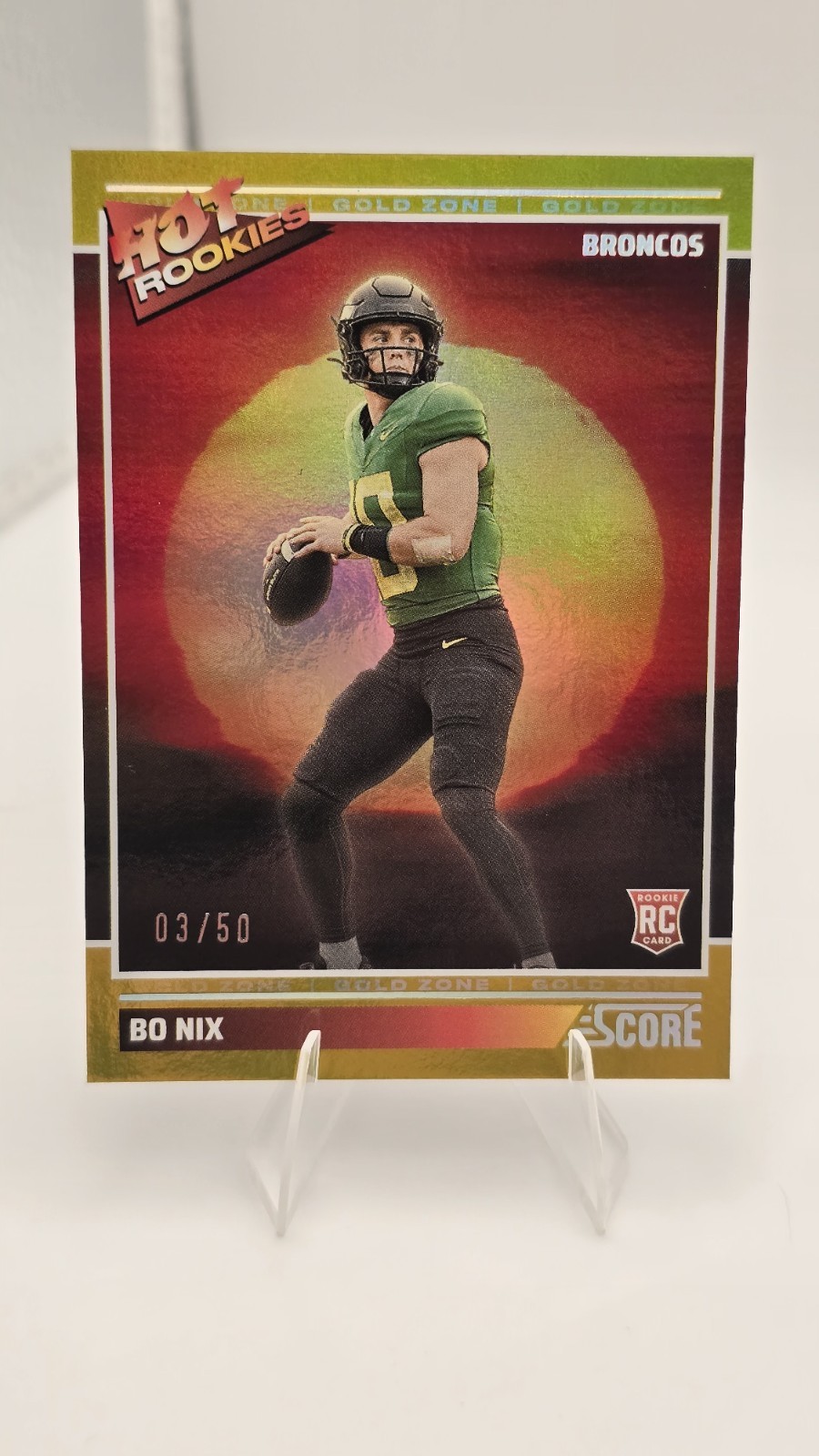 2024 Panini Score Bo Nix Hot Rookies Gold Zone /50 RC #1 Denver Broncos