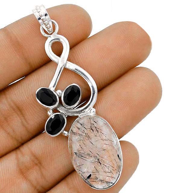 Natural Black Tourmaline In Quartz Shri Lanka 925 Sterling Silver Pendant @1-2