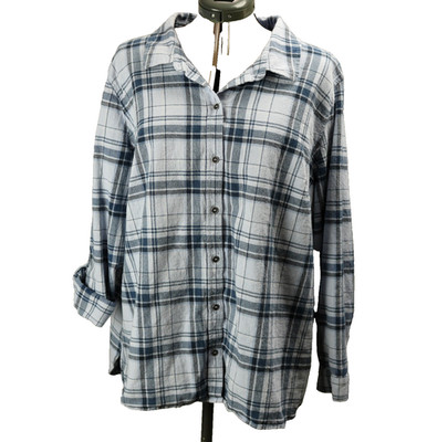 CJ Banks 100% Cotton Plaid Button-Up Shirt Long Roll-Tab Sleeve Blue Black 3X