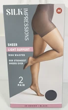 Silk Impressions Pantyhose 2 Pack Medium Black 20 Denier Light Support Sheer