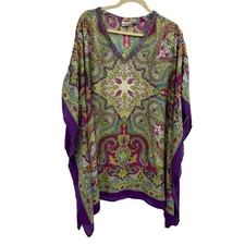 Chico's Silky Kimono Tunic Purple Beaded L/XL Whimsigoth Paisley Oversized Artsy