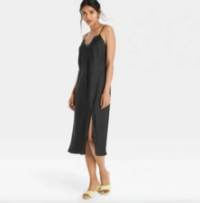 A New Day Satin Black Lace Trim Cami Slip Dress with Slit SMALL NWT